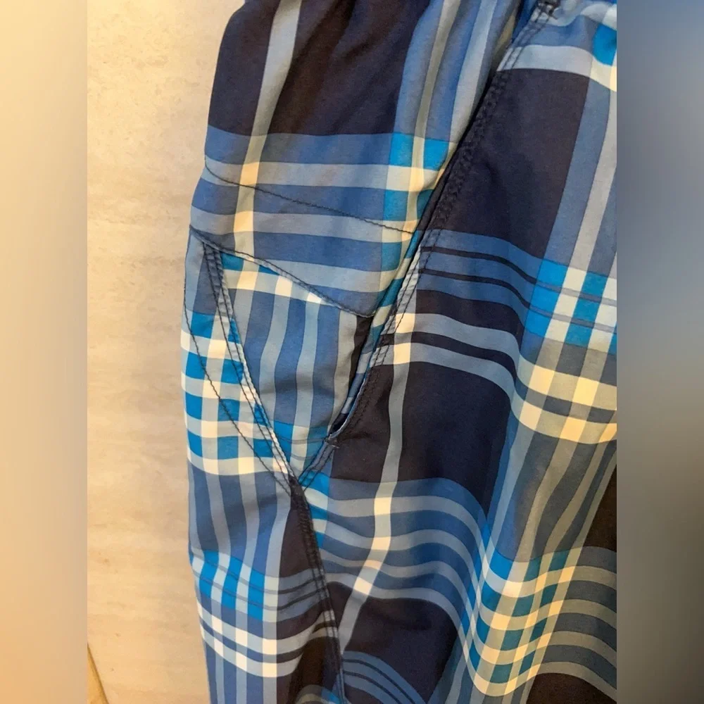 The North Face Navy and Light Blue Plaid Swim Shorts